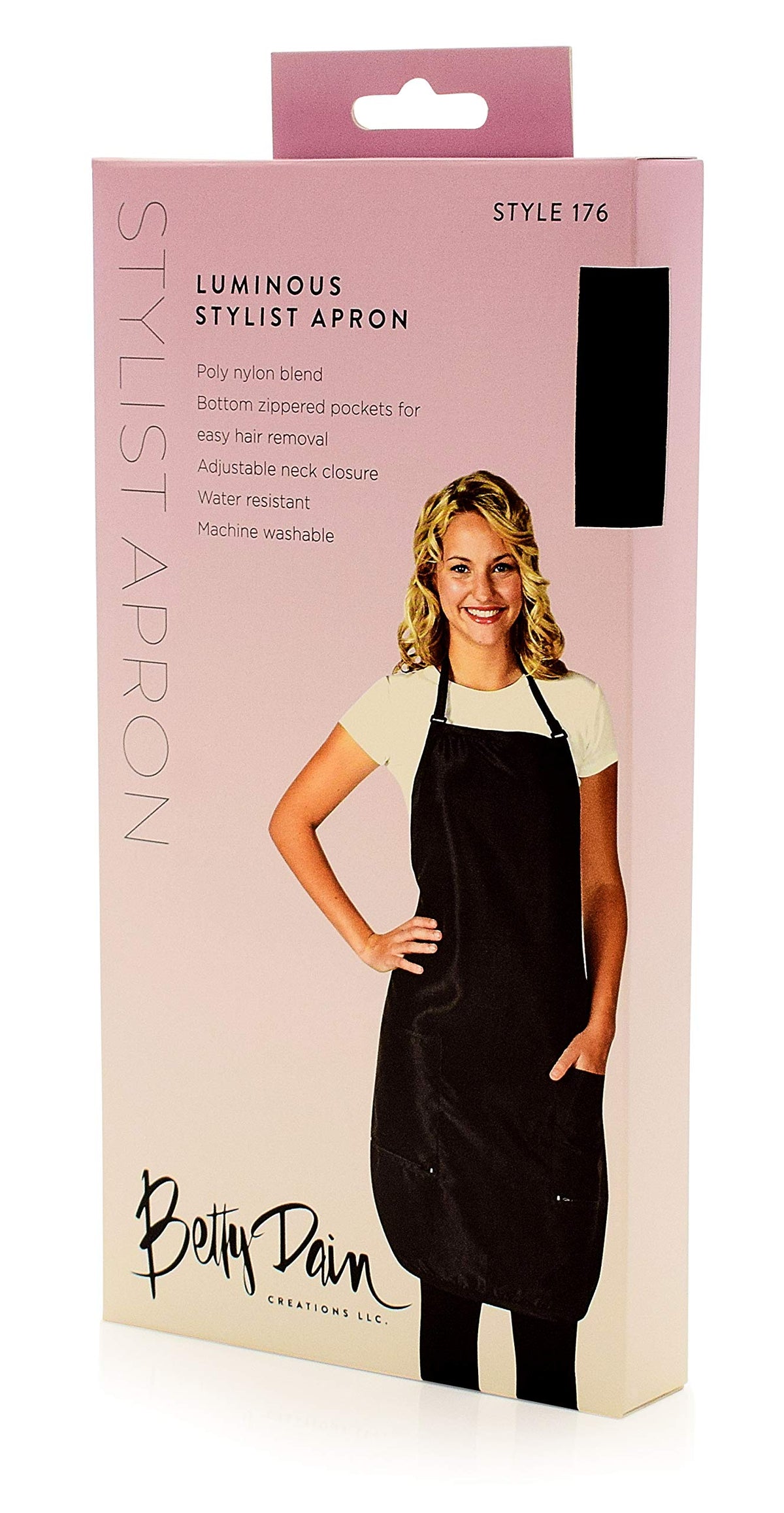 Pink boxed black stylist apron with a woman wearing it on the front