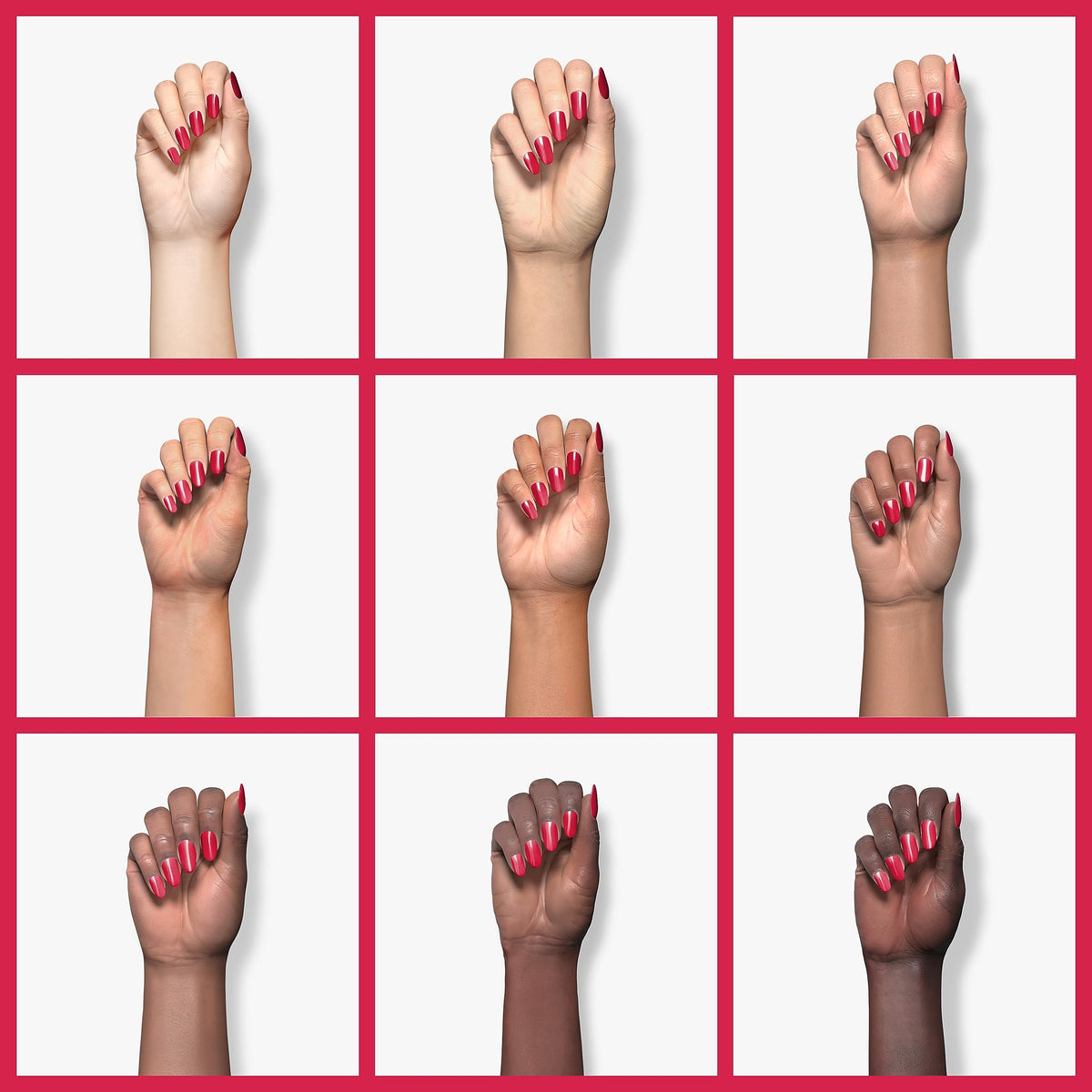 Nine hands in different skin tones with red painted nails