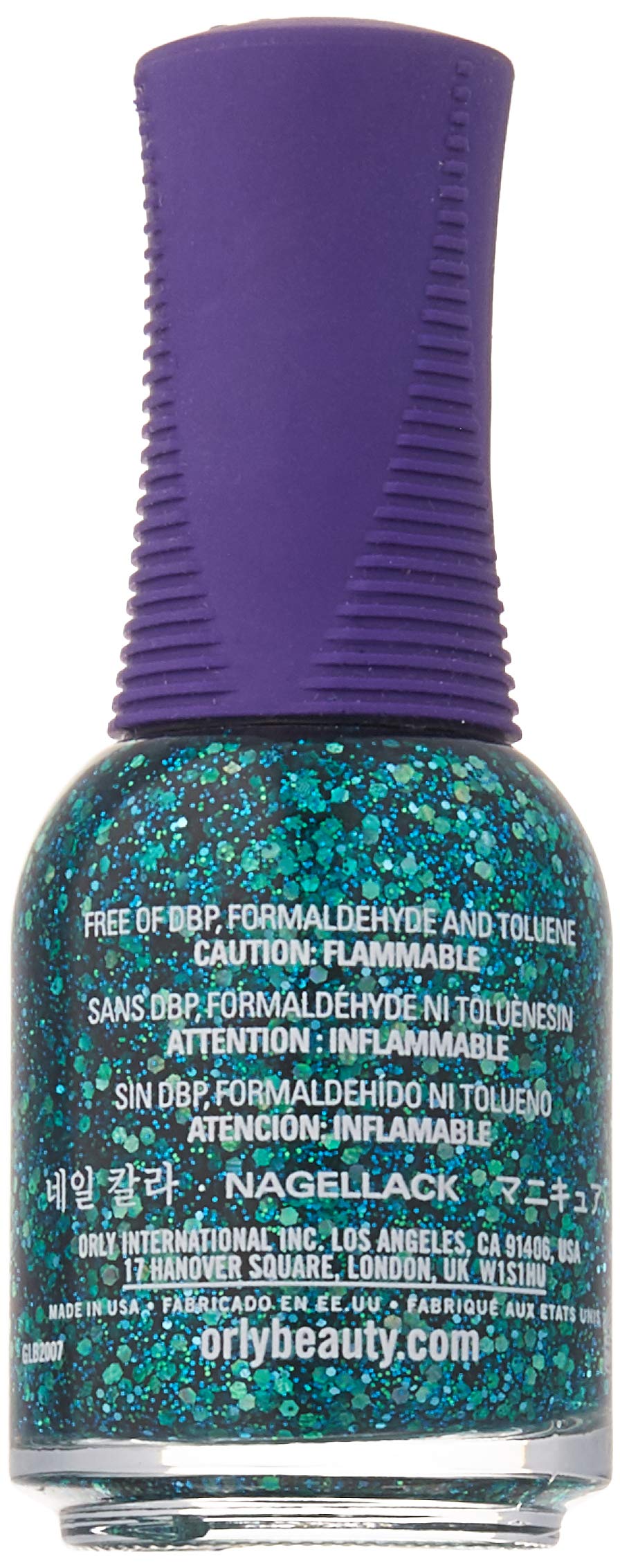 Back of the Orly FX blue-green glitter polish bottle with the warning label