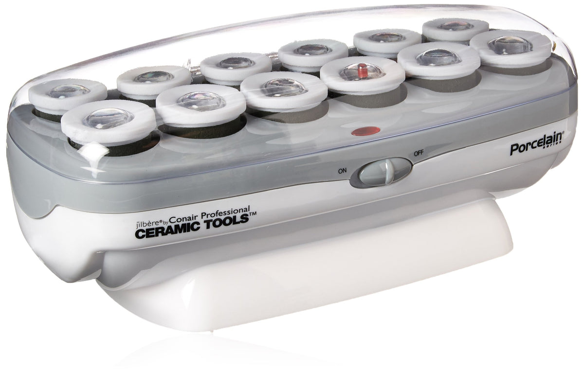 White and grey hot roller set with 12 rollers under a clear dome lid and an on/off switch