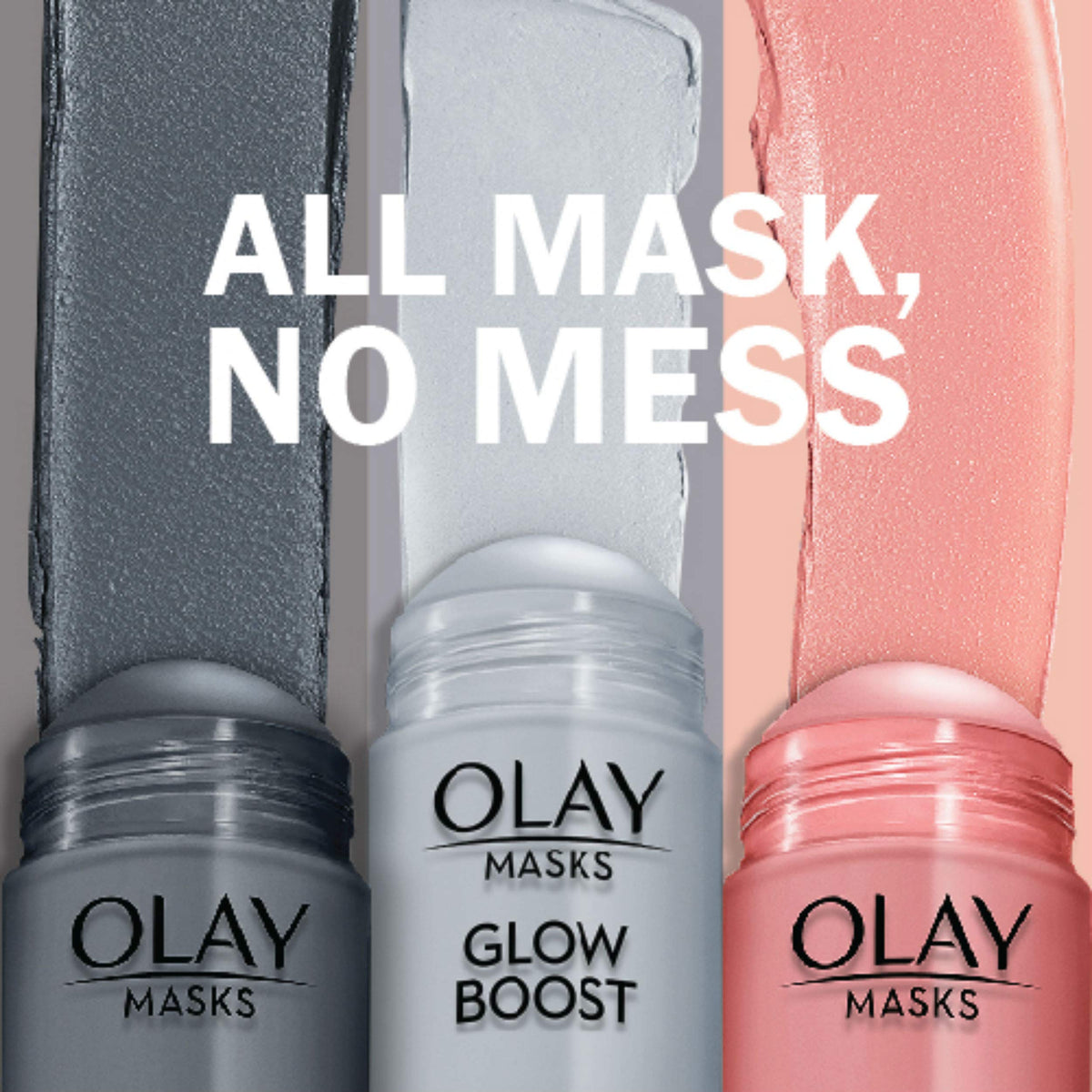 Three clay mask sticks in charcoal, pale grey and pink with matching swatches