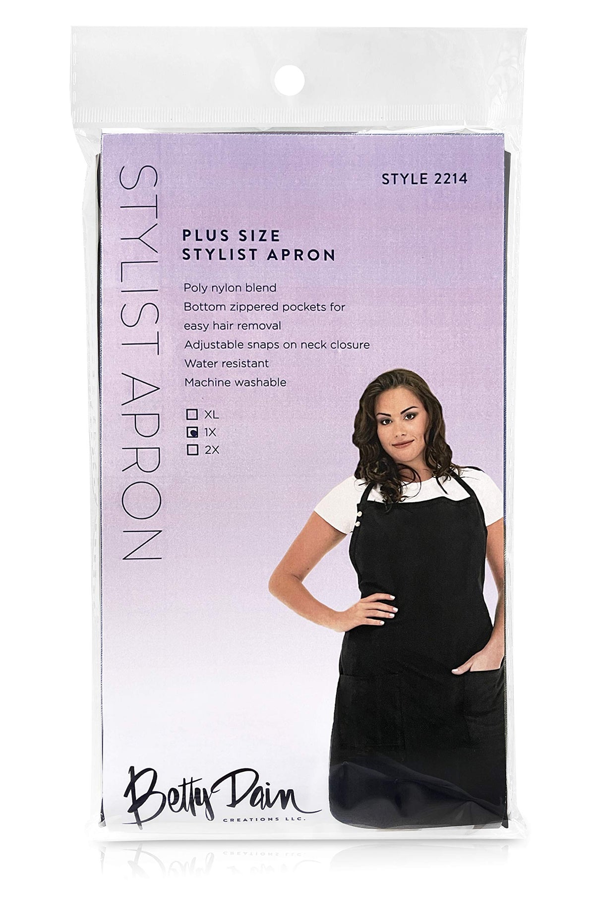 Packaged plus size stylist apron style 2214 with a woman in a black apron on the card
