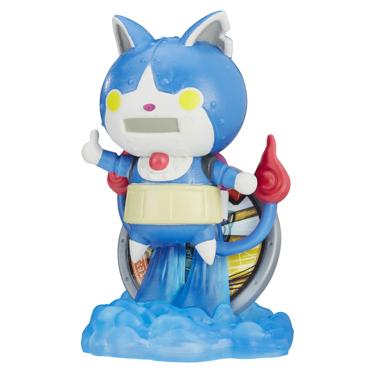 Blue Robonyan Yo-kai figure giving a thumbs up on a rocket-cloud base