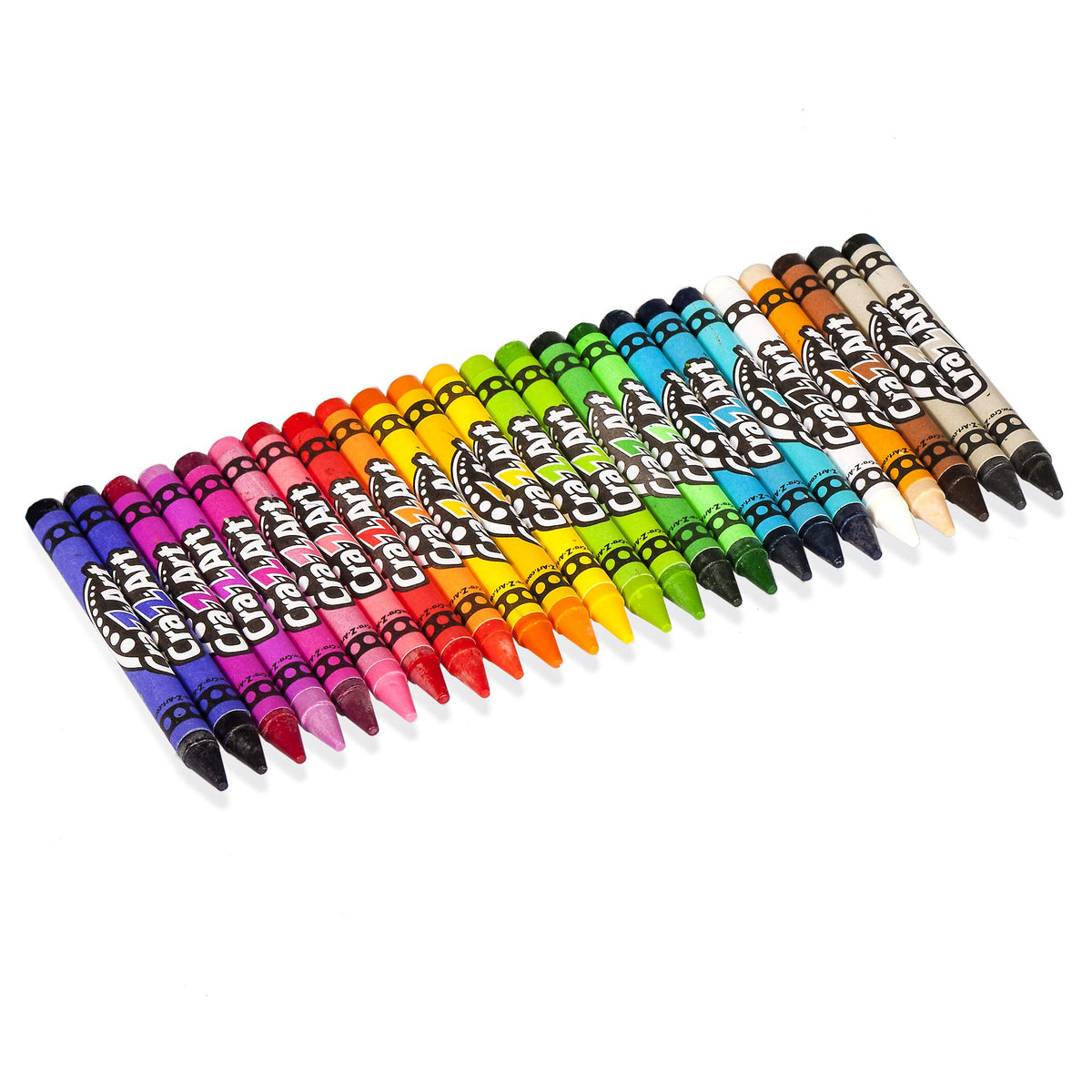 Row of 24 Cra-Z-Art crayons fanned out from purple through to black