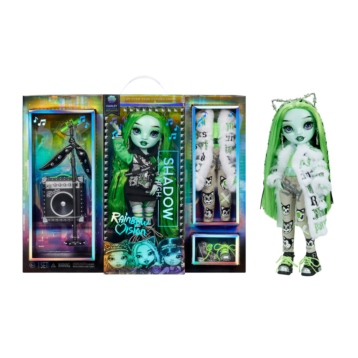 Boxed green-haired Harley Limestone doll beside the unboxed doll in a white fur coat