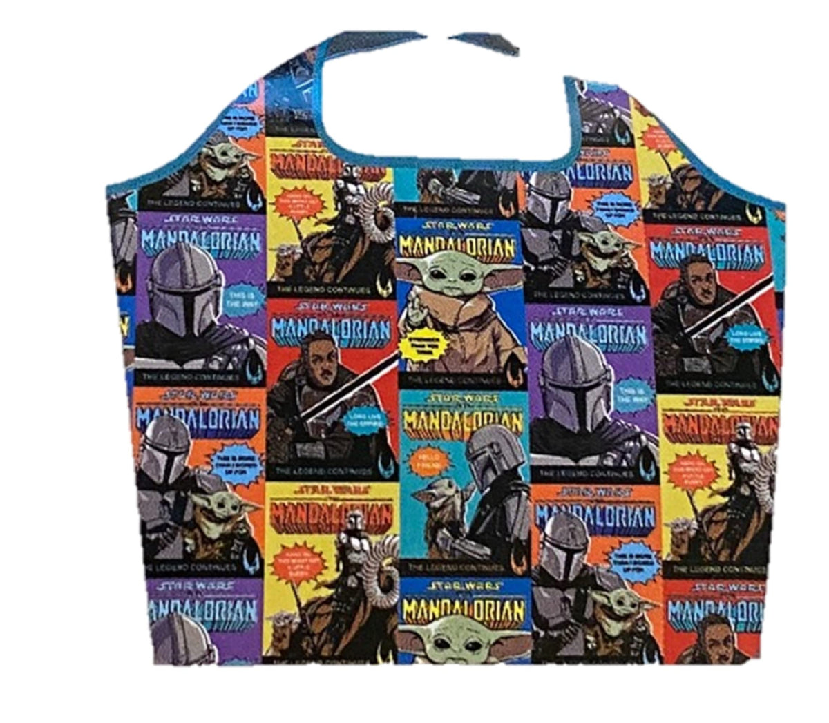 Reusable shopping tote printed with retro comic-cover panels of an armoured bounty hunter and a green alien child