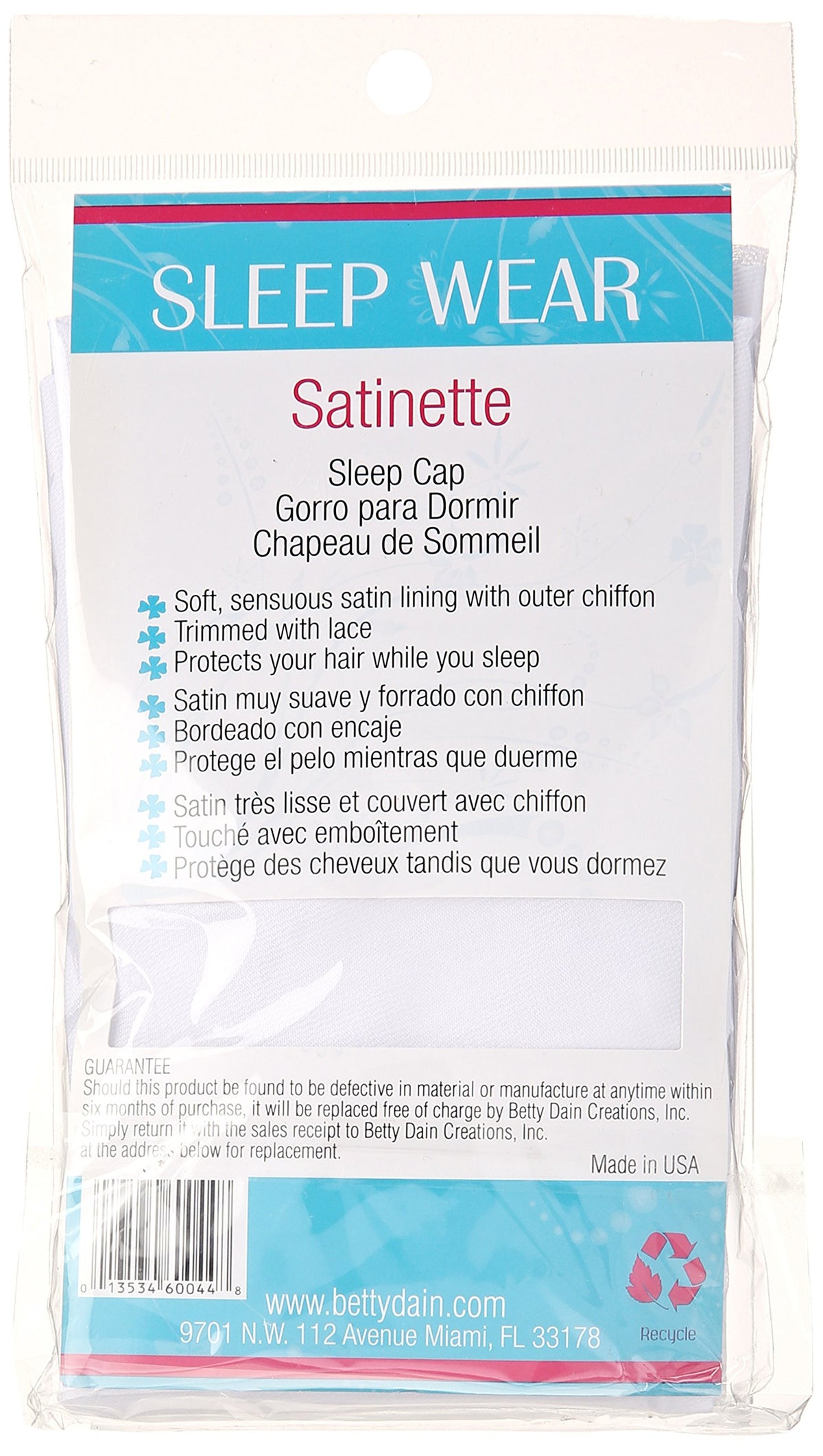 Back of the sleep cap pack listing a satin lining, chiffon outer and lace trim