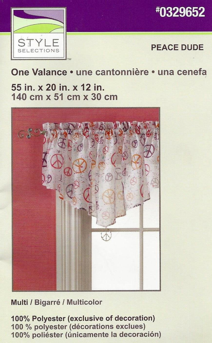 Package front with a white ascot valance printed with colourful peace signs over a window