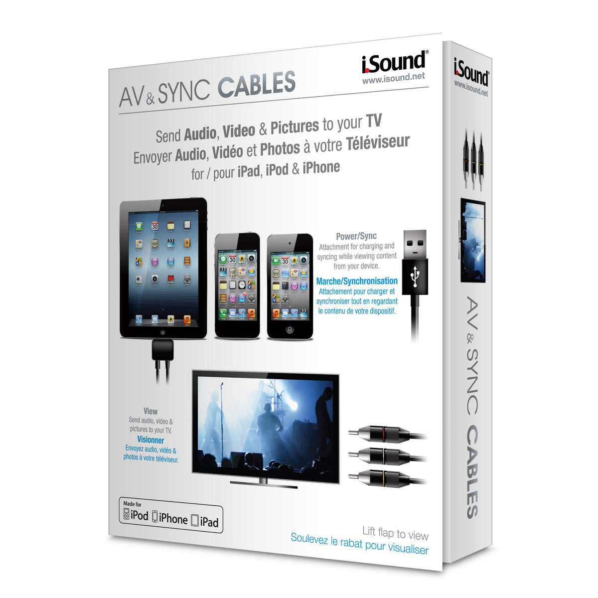 Front of the AV and sync cables box showing an iPad, iPhone and iPod linked to a TV