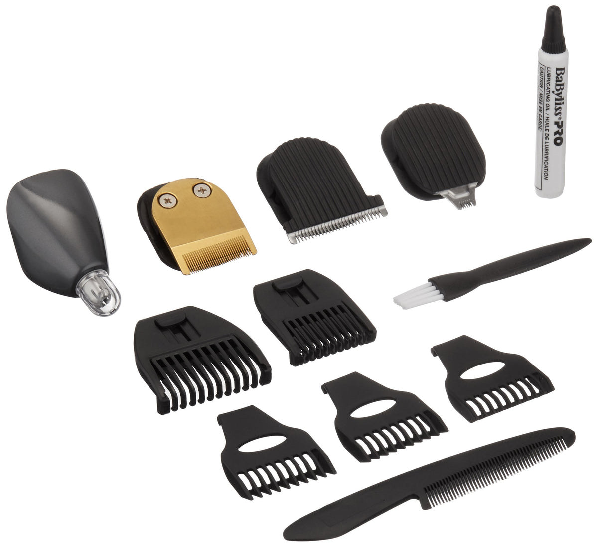 Grooming kit attachments laid out: blades, guide combs, nose trimmer, brush and oil