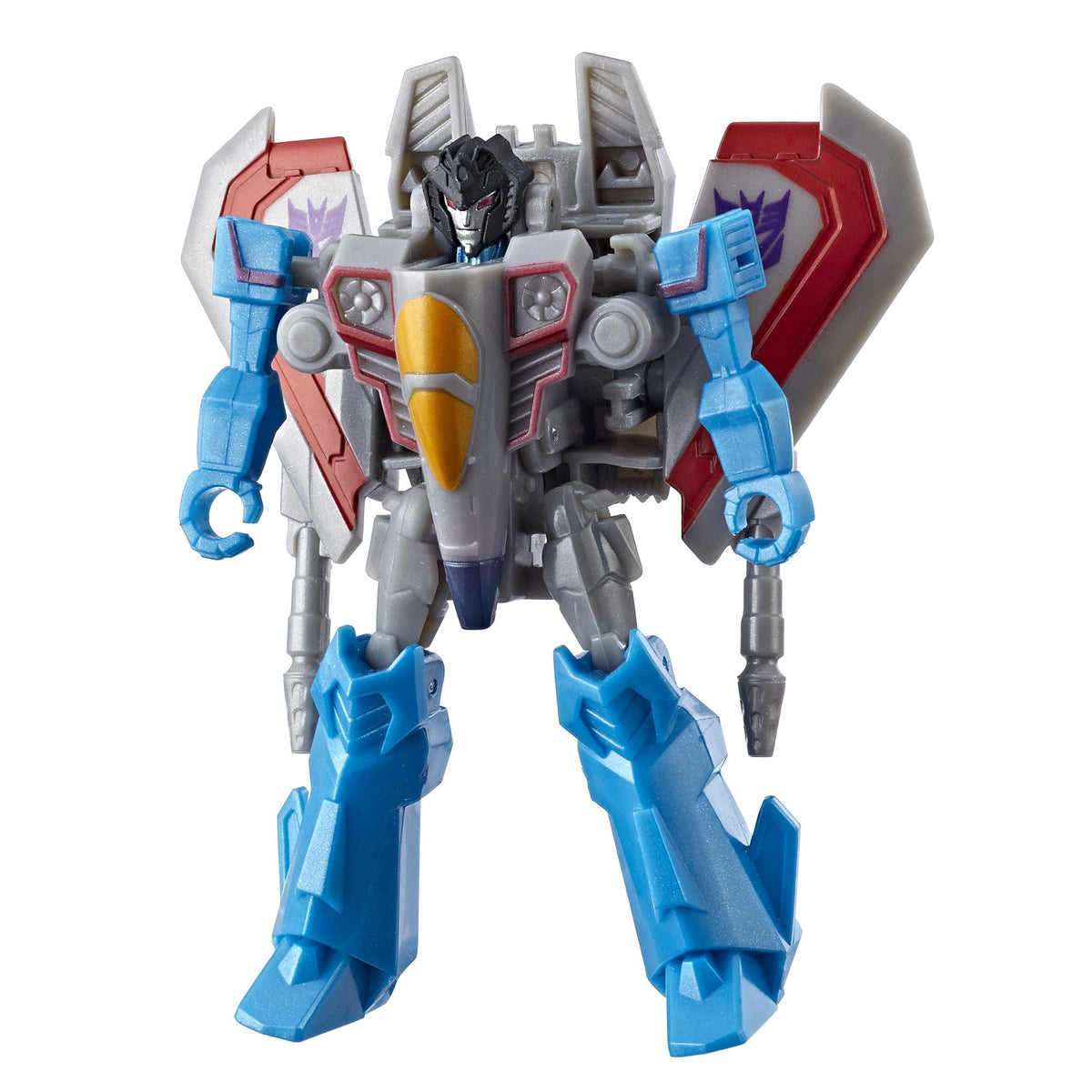 Grey, red and blue Starscream robot action figure with jet wings on its back