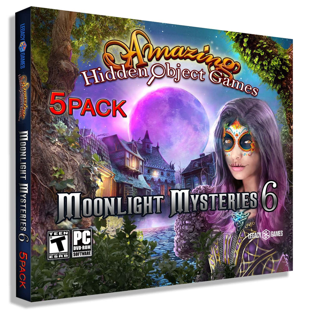 Moonlight Mysteries 6 hidden object PC game 5-pack box with purple moon and masked woman