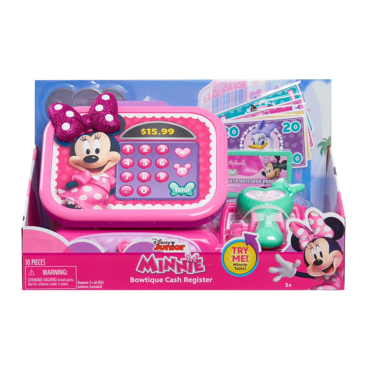 Minnie Mouse Bowtique Cash Register in its retail box, 10 pieces, ages 3 and up