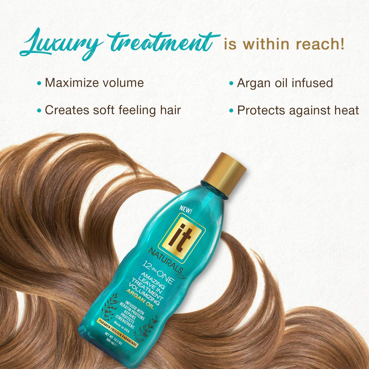 Turquoise leave-in treatment bottle on glossy brown waves, listing volume and heat protection