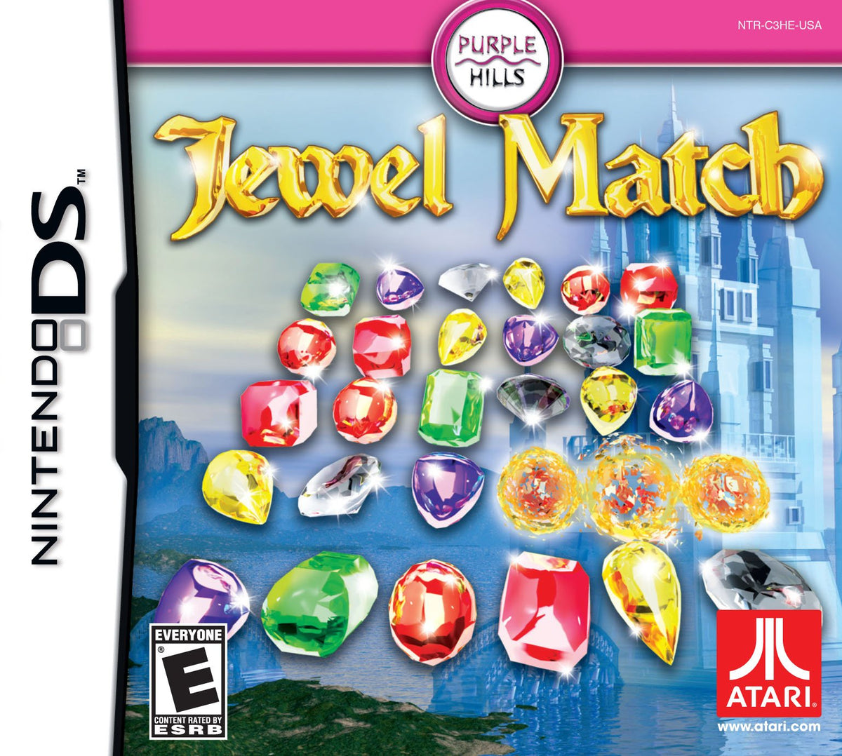 Jewel Match DS case cover with sparkling coloured gems in front of a blue castle