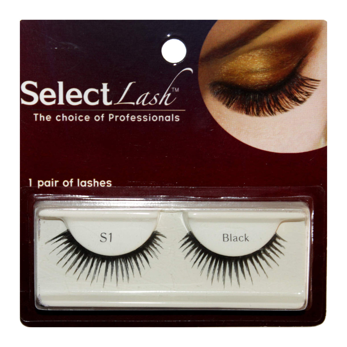 SelectLash S1 black strip false eyelashes, one pair on a burgundy card