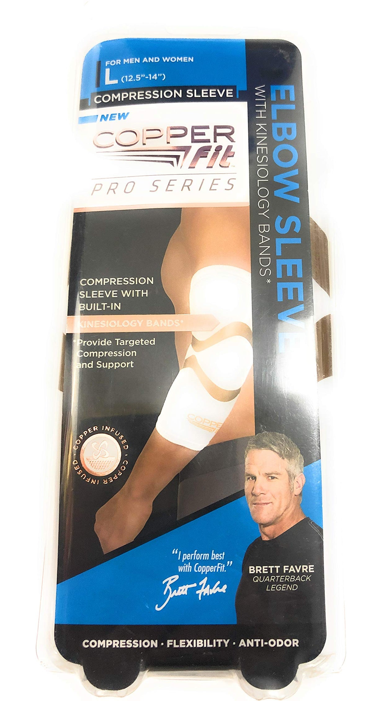 Copper Fit Pro Series white elbow compression sleeve, size large, in retail packaging