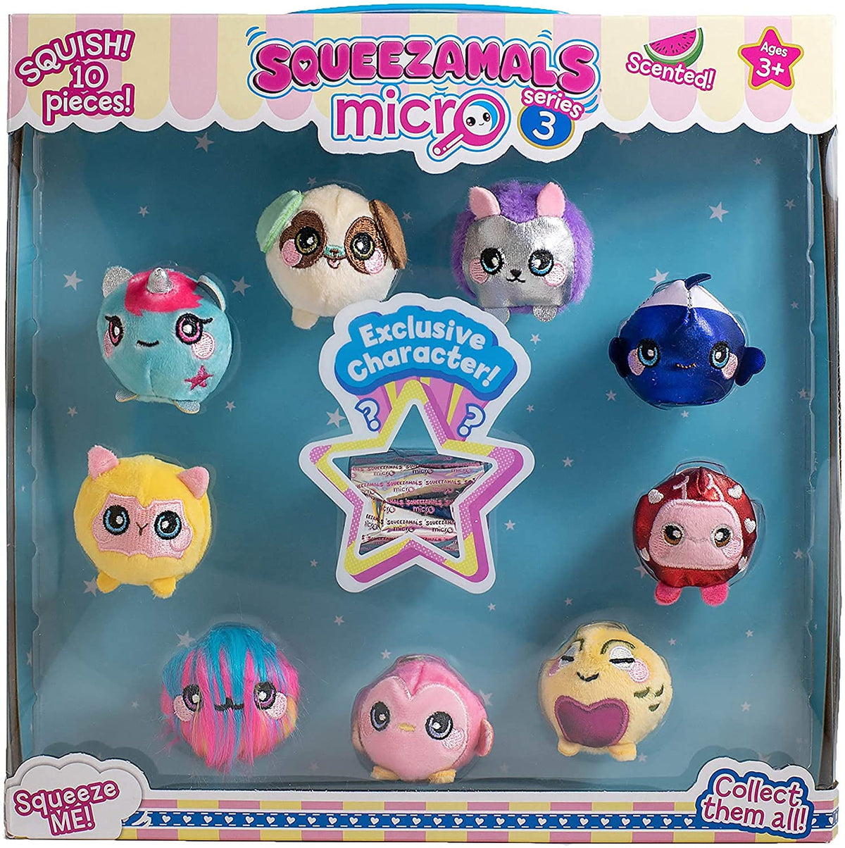 Boxed set of nine micro squishy plush animals around a mystery character star