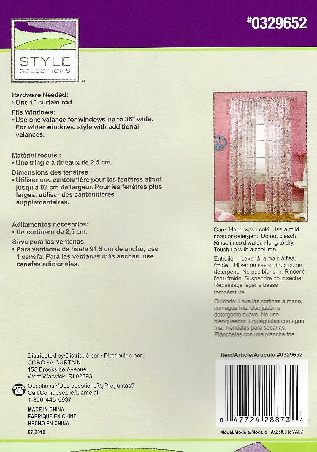 Back of the valance package with hardware needs, window fit and care instructions