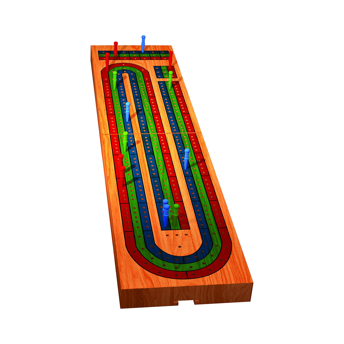 Wooden cribbage board with red, green and blue tracks and coloured pegs