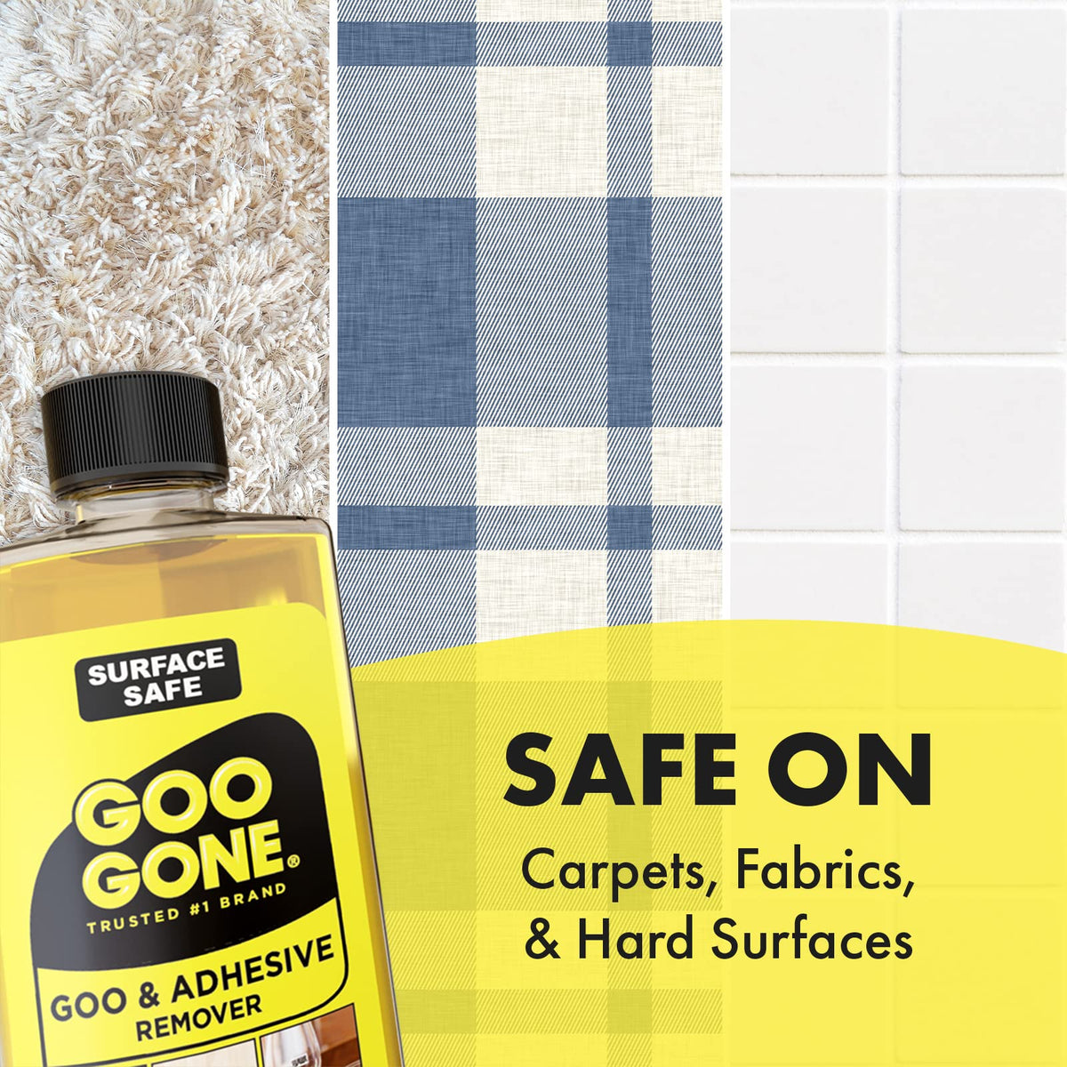 Remover bottle on a shag rug beside blue plaid fabric and white tile