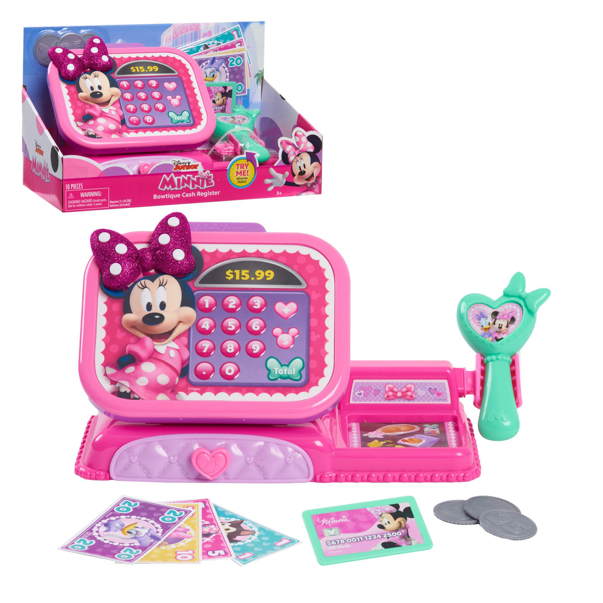 Pink Minnie Mouse Bowtique toy cash register with glitter bow, scanner, play money, coins and card, shown with its box