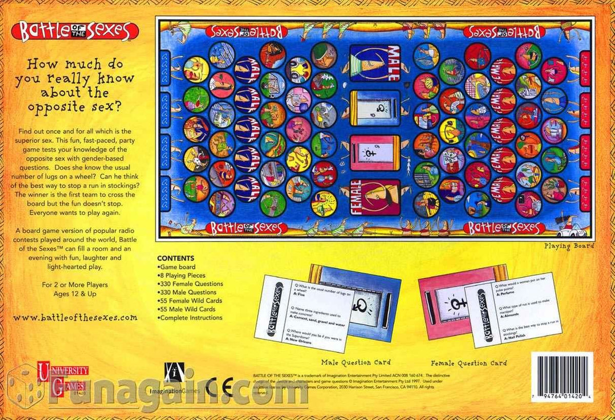 Back of the game box showing the board, question cards and contents list, ages 12 and up