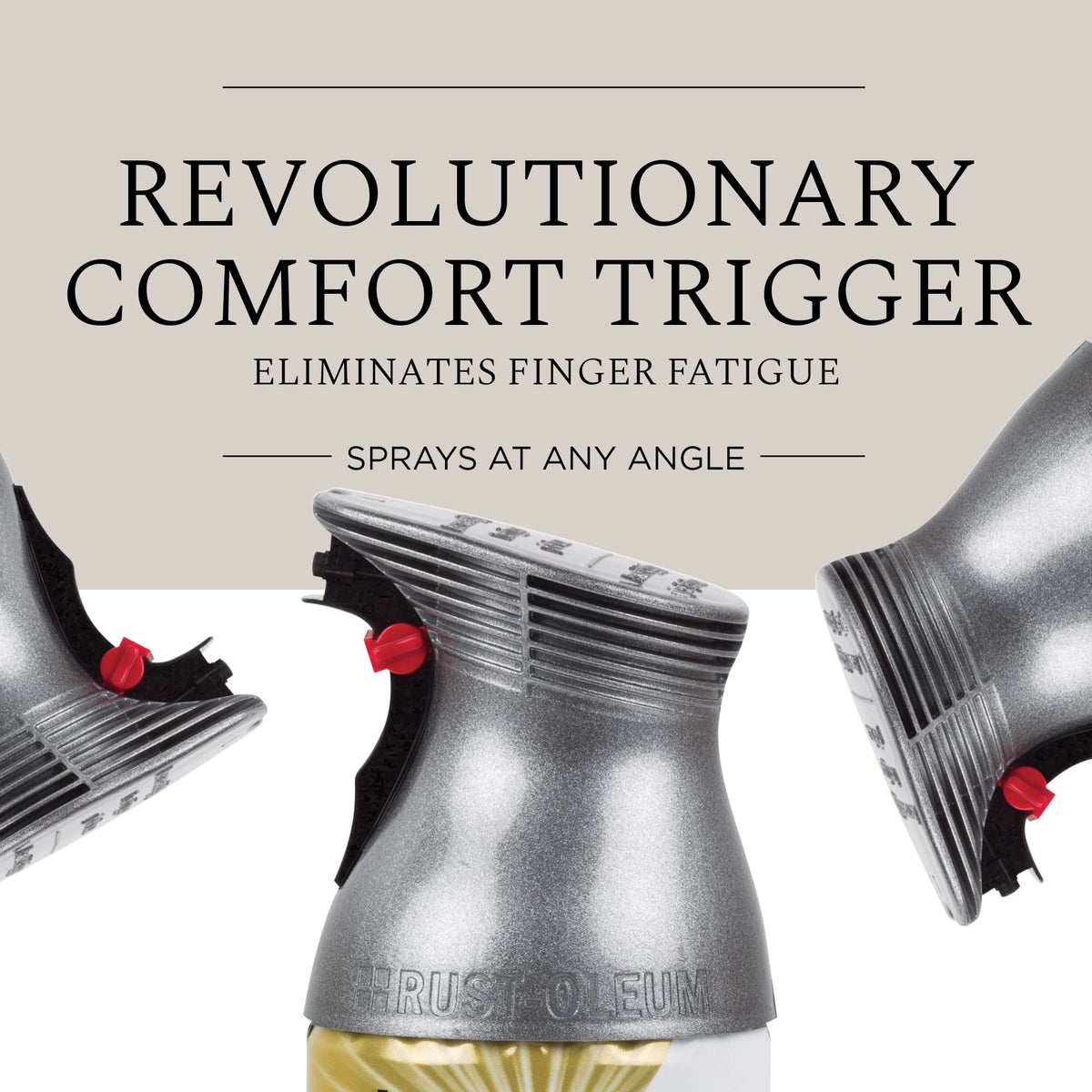 Three angles of the metallic grey comfort spray trigger with a red safety tab