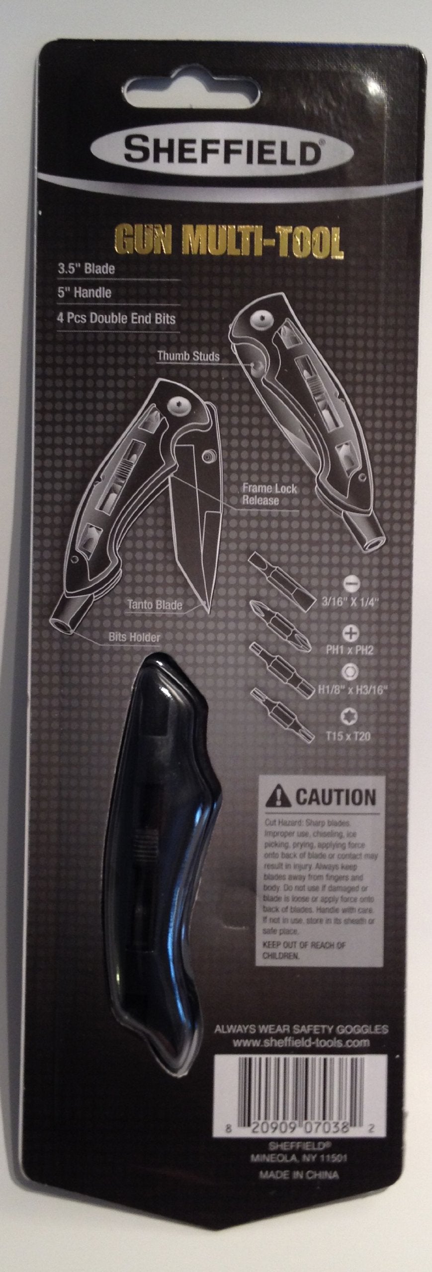 Back of Sheffield multi-tool card listing 3.5 inch blade, 5 inch handle and bit sizes