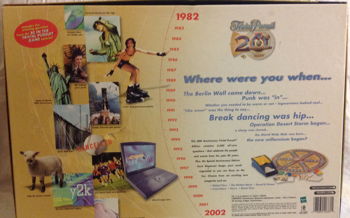 Back of the box with a 1982 to 2002 timeline, game board and card dispenser