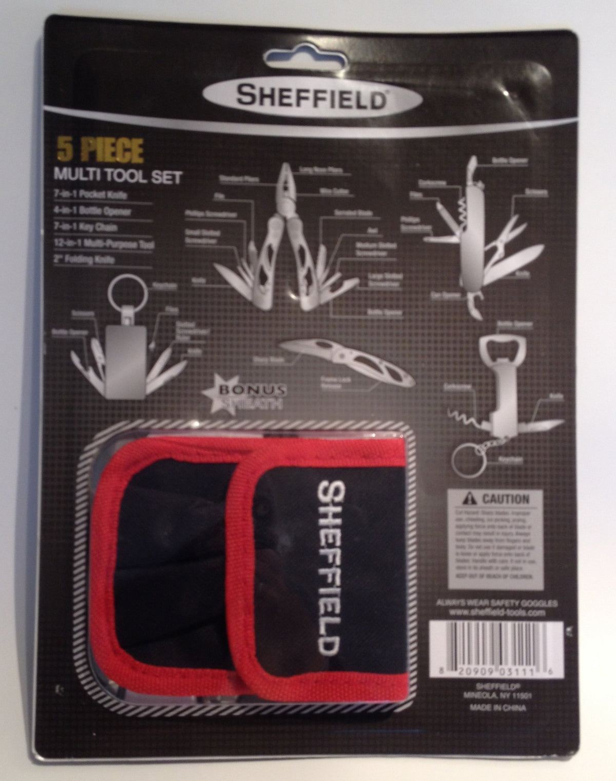 Back of the Sheffield multi-tool pack showing each tool's functions and the black and red sheath