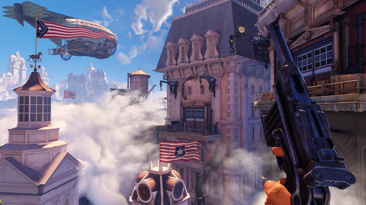 Game screenshot of a floating city with an airship and flags above the clouds