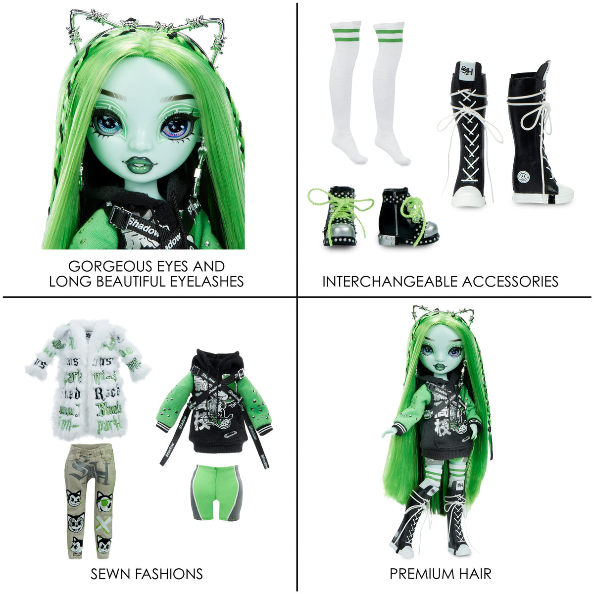 Close-ups of the doll's face, spare boots and socks, sewn outfits and long green hair