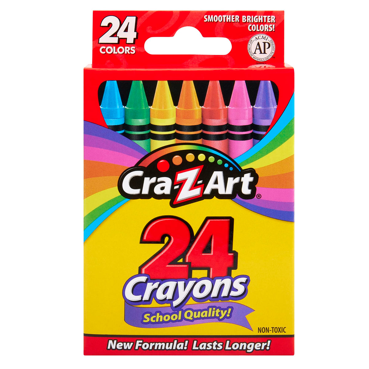 Cra-Z-Art 24-count crayon box in red and yellow with rainbow crayon tips showing