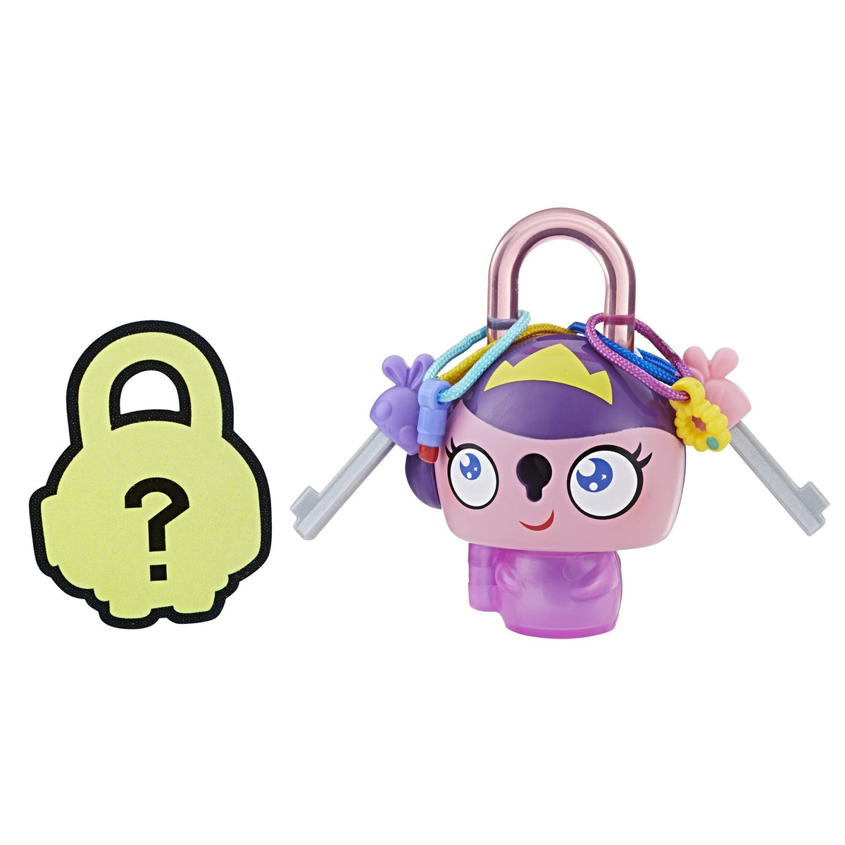 Pink-faced padlock figure with a yellow crown and two keys hanging from colorful cords