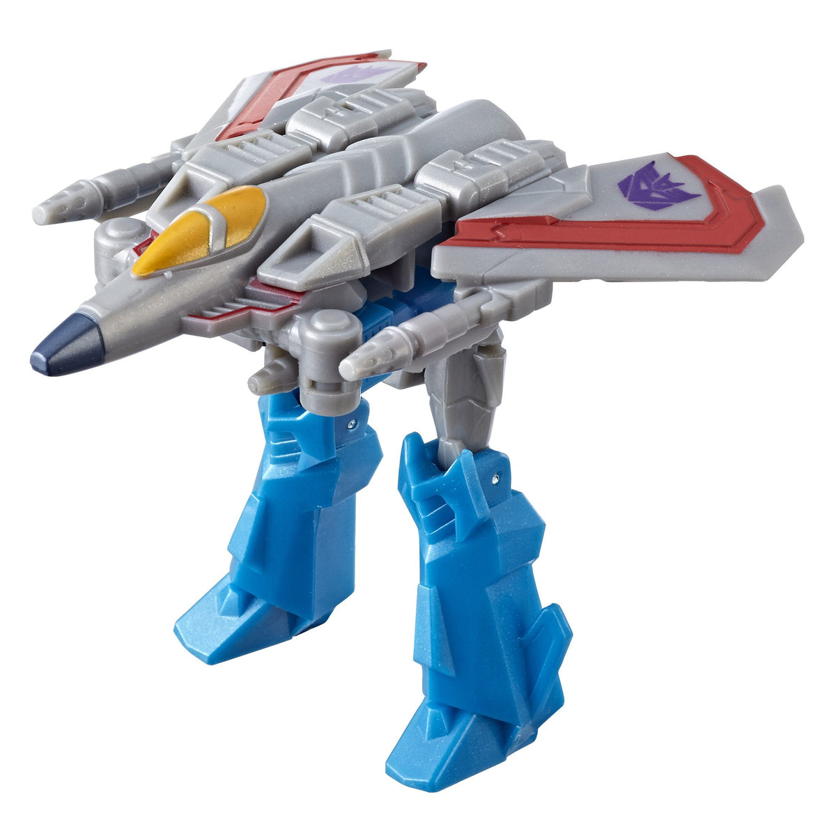 Starscream figure half-converted into a grey jet with blue robot legs