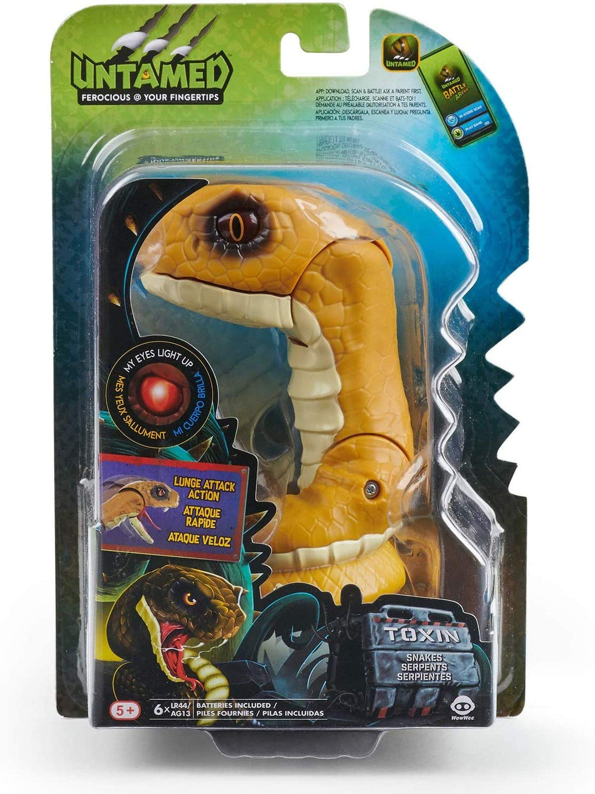 Untamed Toxin snake in its blister pack with light-up eye and lunge attack callouts