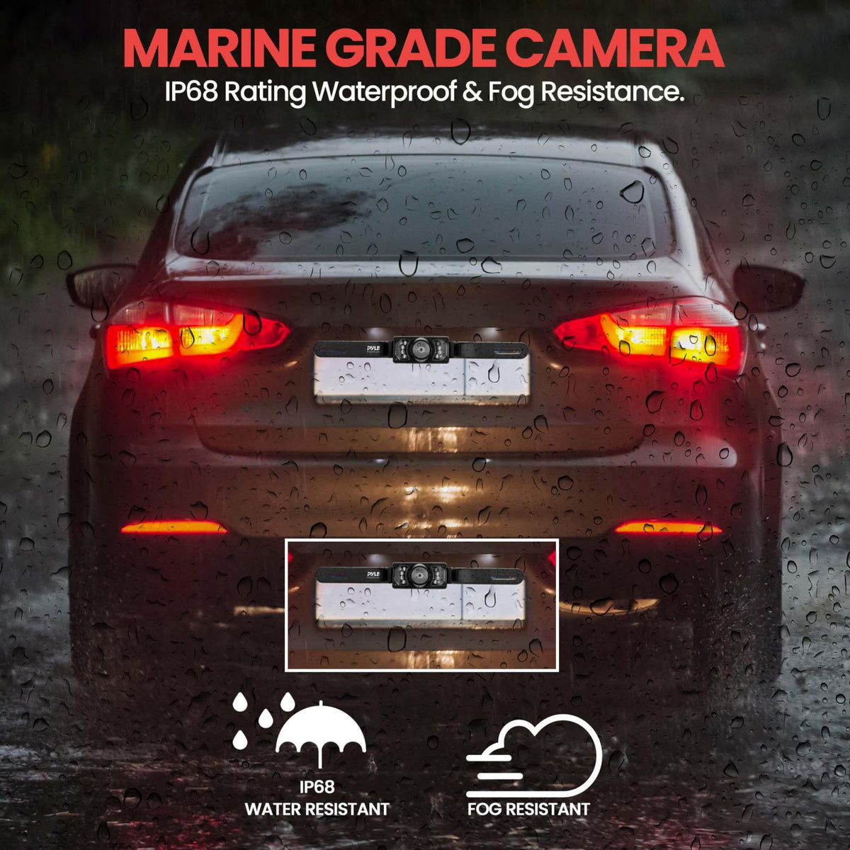 Plate camera mounted on a dark car in heavy rain, IP68 waterproof and fog resistant
