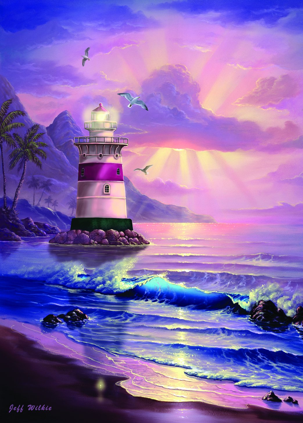 Pink and white lighthouse on rocks at a tropical beach with palms, gulls and sunrays