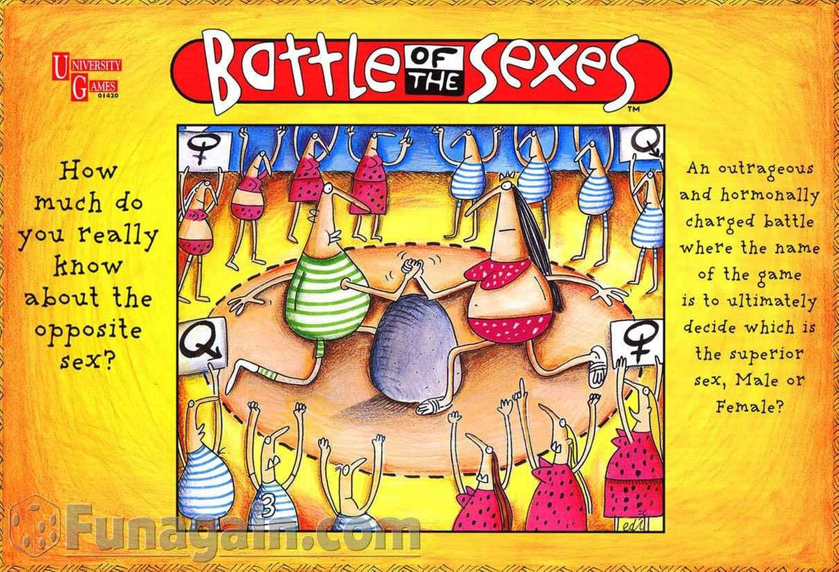Yellow board game box with a cartoon arm wrestle between a man and a woman
