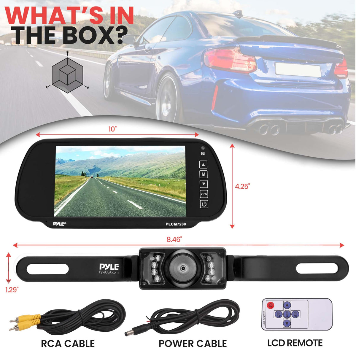 Kit contents with sizes: mirror monitor, plate camera, RCA cable, power cable and remote