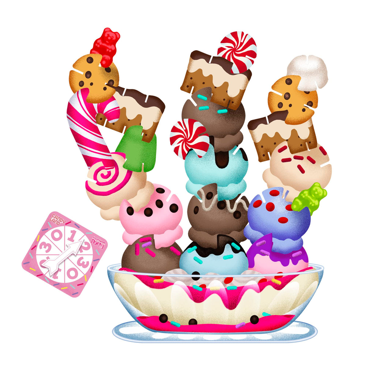 Illustration of a sundae stacked high with cookies, candy canes, gummy bears and scoops