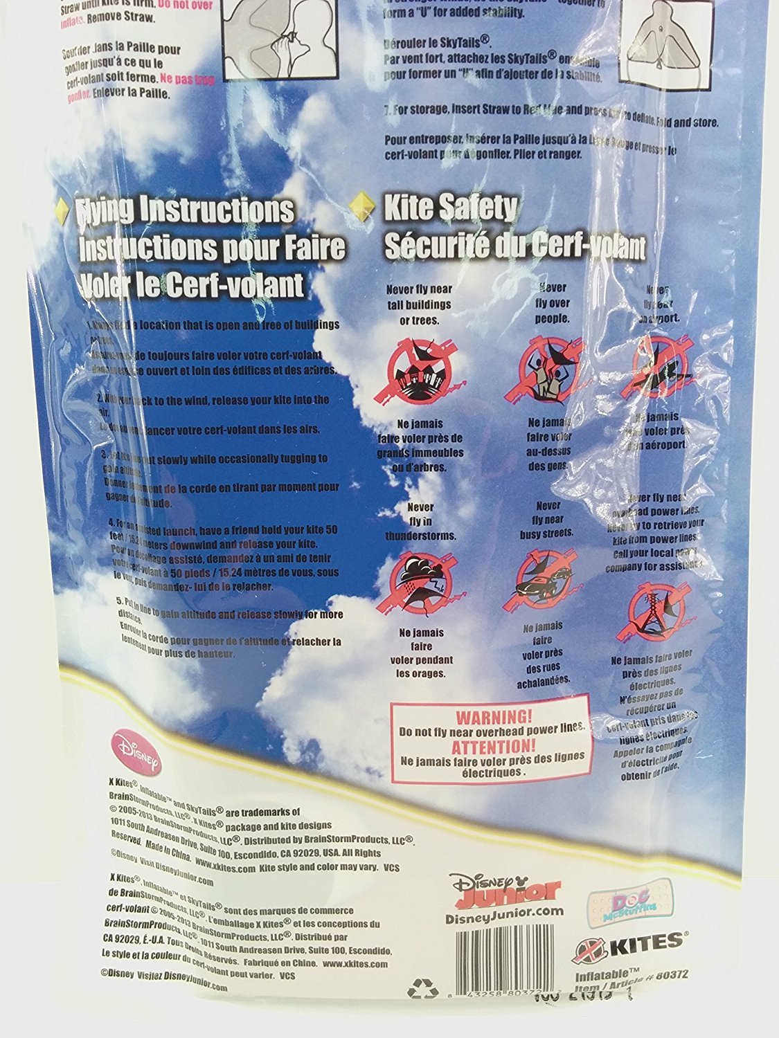 Back of the inflatable kite package with flying instructions and safety icons
