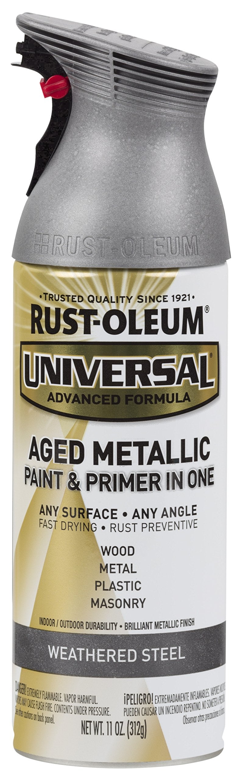 11 oz can of weathered steel aged metallic spray paint and primer with a grey cap