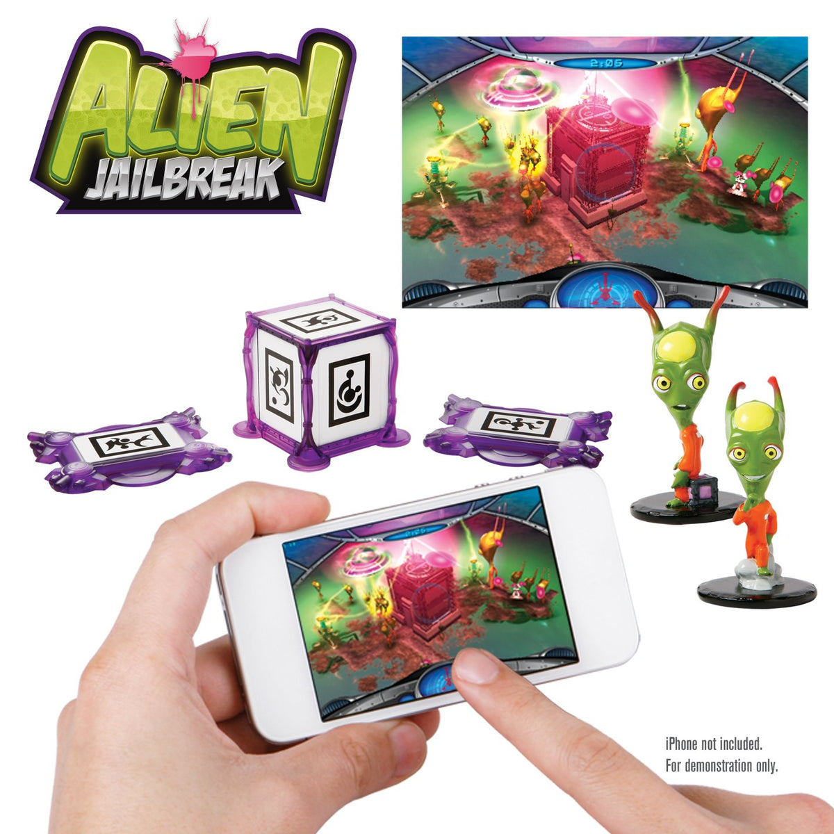 Alien Jailbreak AR game: purple target cube, two pads, two alien figures and the game on a phone