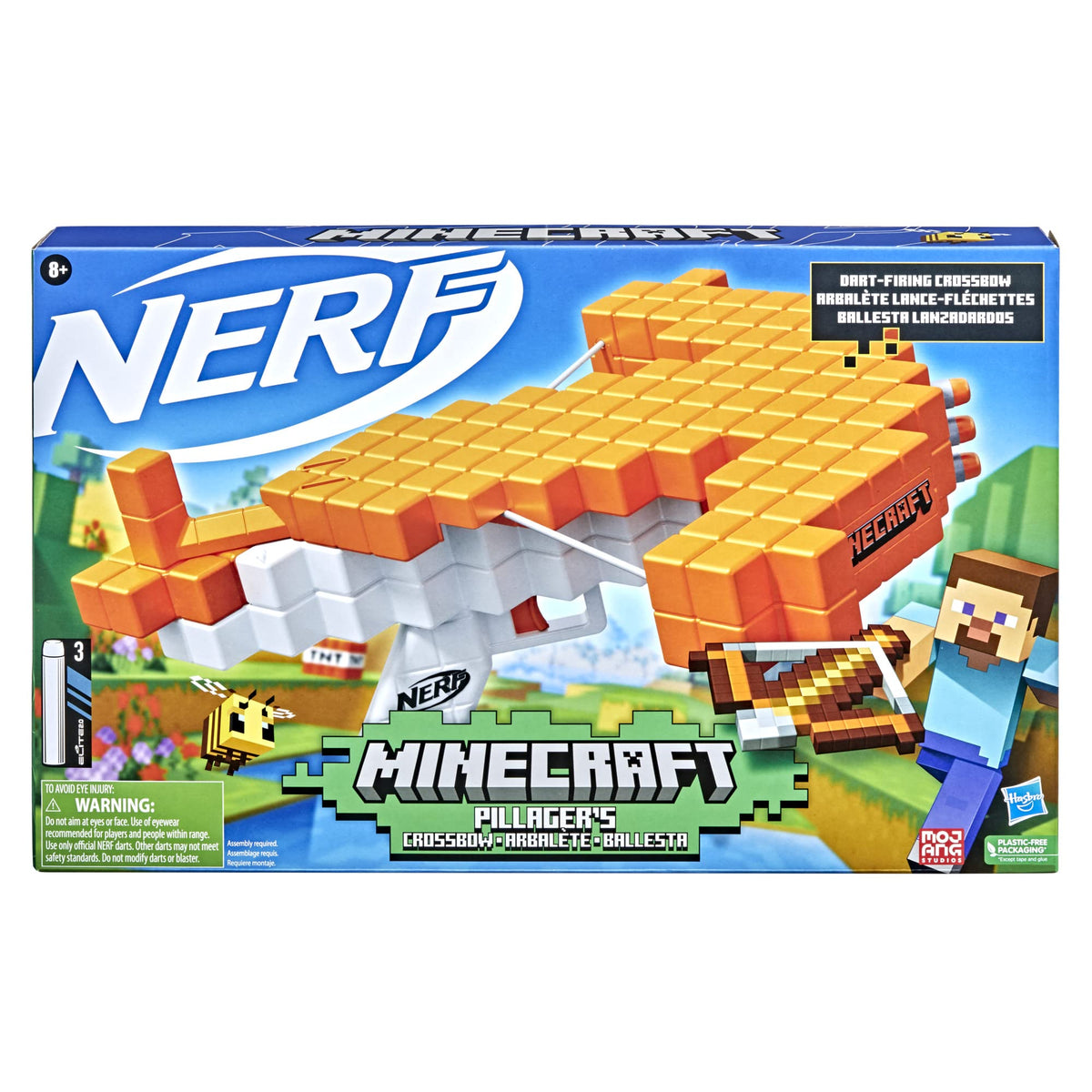 Front of the box showing the orange pixel crossbow with Steve and a bee