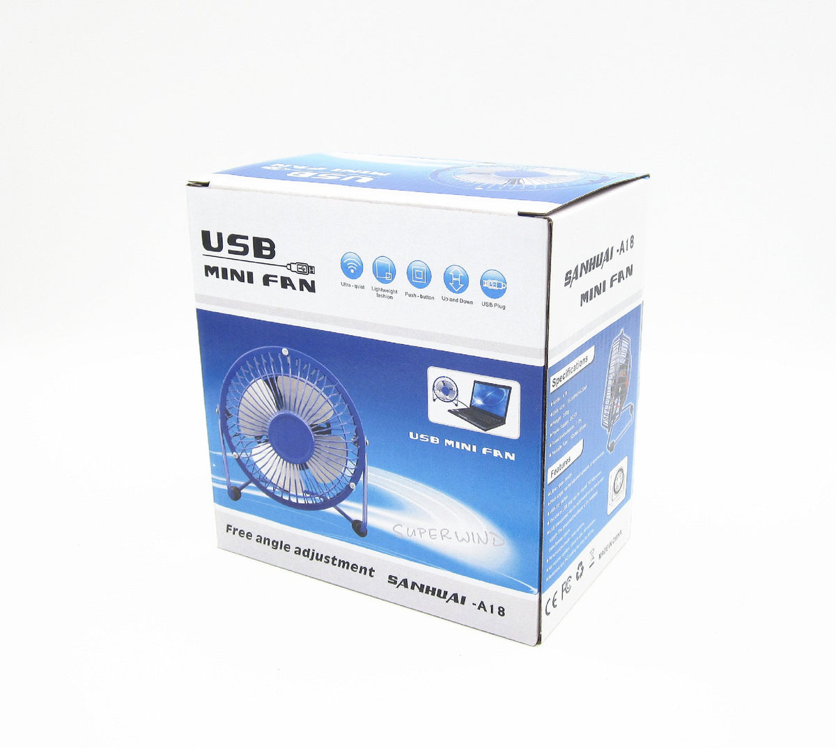 Blue and white USB mini fan box showing a fan beside a laptop