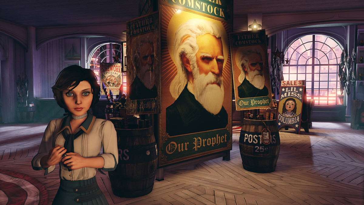 Game screenshot of a young woman in a shop full of prophet posters and barrels