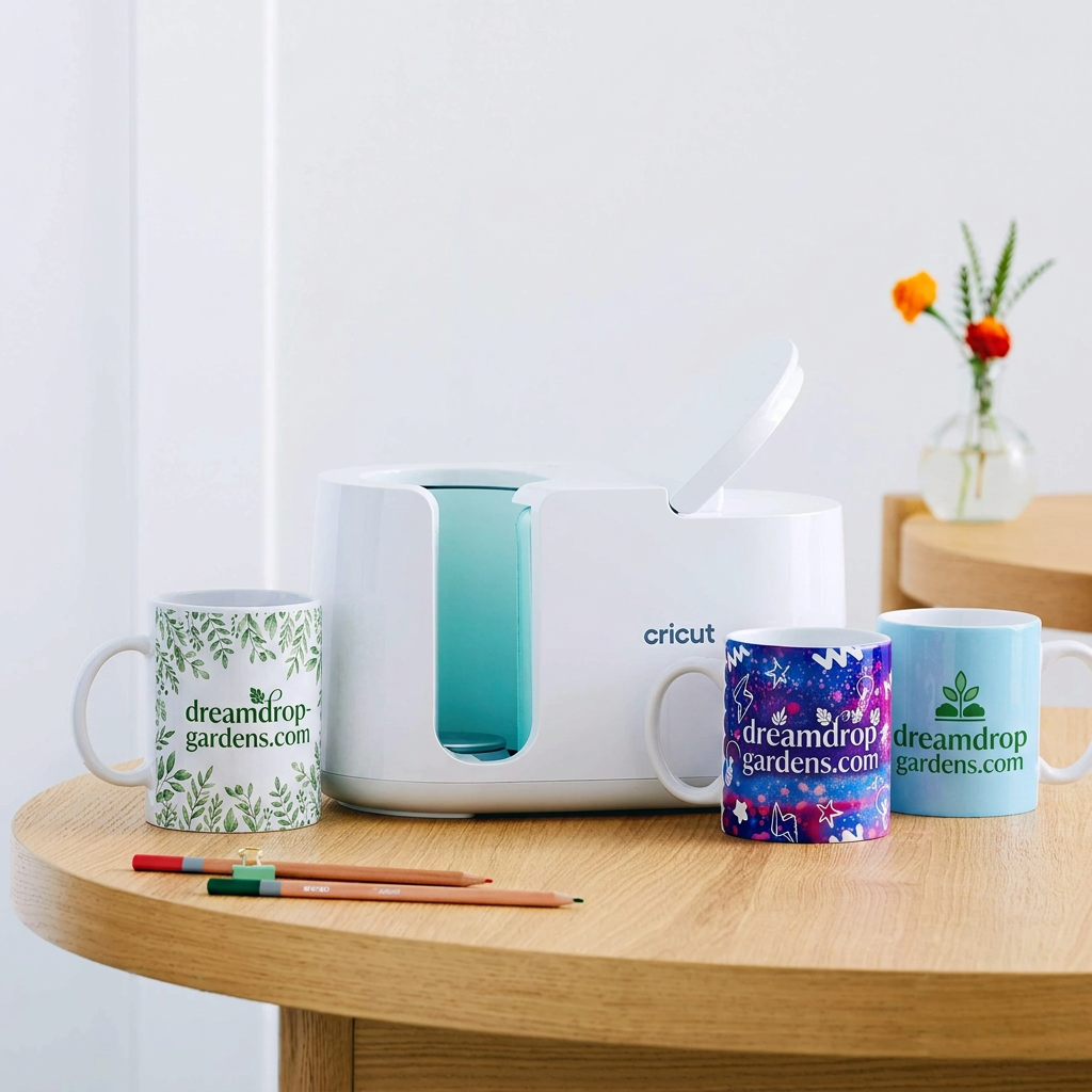 Cricut Mug Press on a wooden table with leafy, galaxy and light blue custom printed mugs