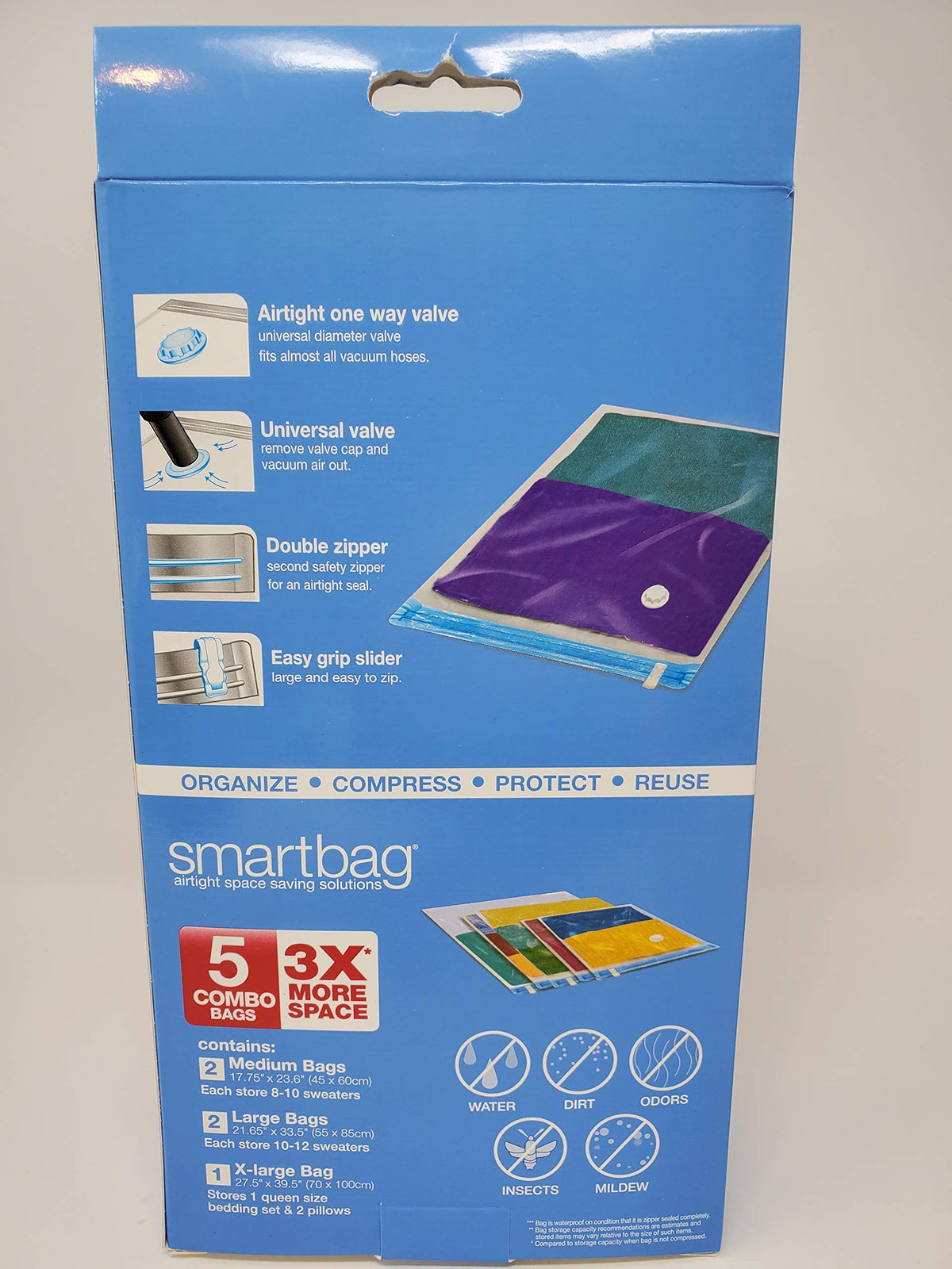 Back of the blue Smartbag box showing the valve, double zipper and bag sizes